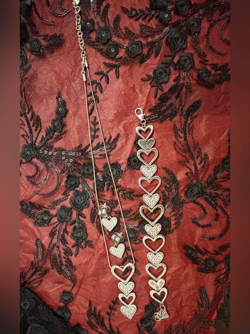 Brighton Silver Four Heart Necklace, Bracelet and Earrings Set